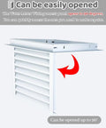 Premium Vented Access Panel Featuring Louvered Ceiling Hatch With Smooth Aluminum Grille For Attic Plumbing Inspection showing 90-degree opening.
