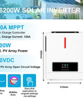 Heavy Duty 6.2 KW Solar Hybrid Inverter 48V Pure Sine Wave 230V AC Output Built In 120 Amp MPPT Charger Off Grid Power Station front view with dimensions