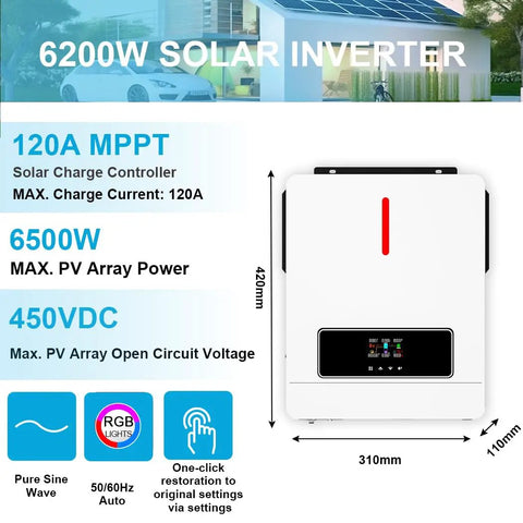 Heavy Duty 6.2 KW Solar Hybrid Inverter 48V Pure Sine Wave 230V AC Output Built In 120 Amp MPPT Charger Off Grid Power Station front view with dimensions