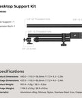 Overhead Desk Mount For Cameras And More Flexible Arm Stand specifications and components with dimensions and materials listed.