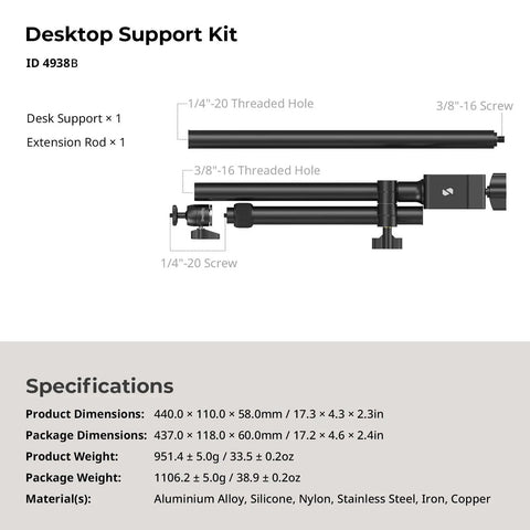 Overhead Desk Mount For Cameras And More Flexible Arm Stand specifications and components with dimensions and materials listed.