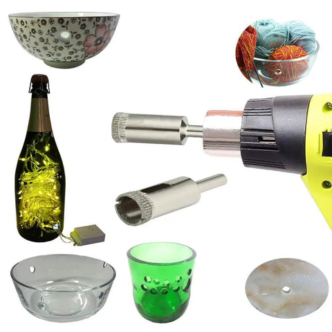 Pro Grade Diamond Drill Bit Set For Tile Glass Marble Granite And Fiberglass Core Hole Saw Nickel Plated Shank Five Pack shown with tools and materials.
