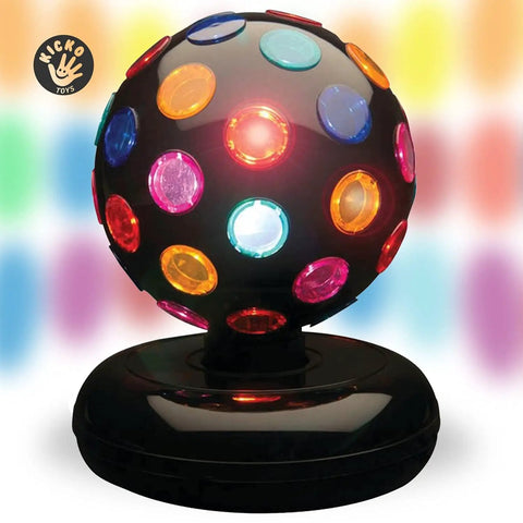 Spinning 11 Inch Disco Ball With LED Lights And 360 Degree Rotation for parties, features colorful flashing LED lights on a black base.