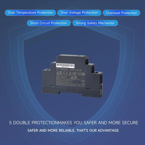 Straight Up Reliable 15 Watt 12 Volt Din Rail Switching Power Supply 1.25 Amp safety features including over voltage protection.