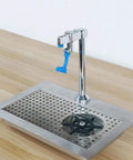 Stainless Steel Deck Mount Water Station Pedestal For Glass Filling, Push Back Cup Filler, on wooden counter surface.