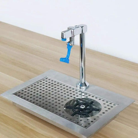 Stainless Steel Deck Mount Water Station Pedestal For Glass Filling, Push Back Cup Filler, on wooden counter surface.