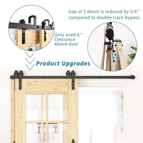 Heavy Duty 6 Foot Single Track Bypass Barn Door Hardware Kit for Overlapping Doors installed on wooden barn doors