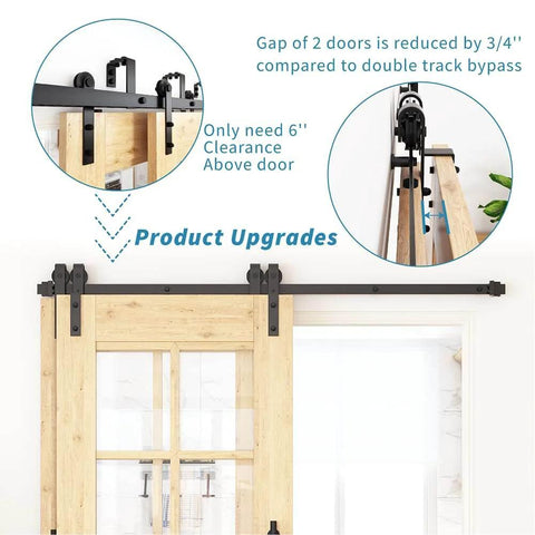 Single Track Bypass Sliding Barn Door Hardware Kit For Double Doors With Low Ceiling Clearance, flat track roller shown installed