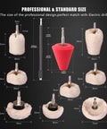 Drill Polishing Wheel Kit With 8 White Flannelette Buffing Mops, 1/4 Inch Hex Shafts, various sizes and shapes with measurements