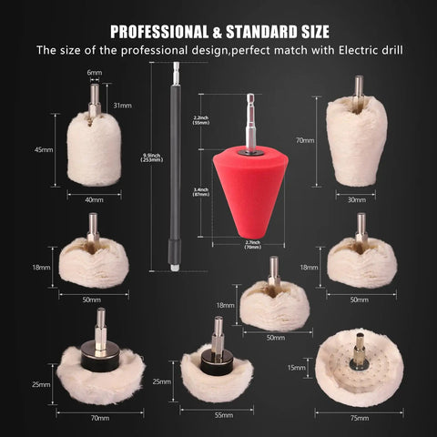 Drill Polishing Wheel Kit With 8 White Flannelette Buffing Mops, 1/4 Inch Hex Shafts, various sizes and shapes with measurements