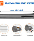 Adjustable Under Door Draft Stopper Gap Filler Cuts For Doors 24 To 32 Inches with foam rods and gray cover for easy sealing.