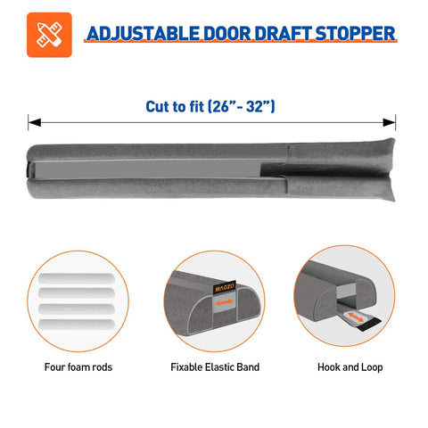 Adjustable Under Door Draft Stopper Gap Filler Cuts For Doors 24 To 32 Inches with foam rods and gray cover for easy sealing.