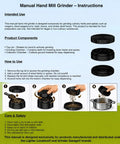 Manual hand mill grinder instruction sheet showing a 3-piece zinc grinder and component diagrams