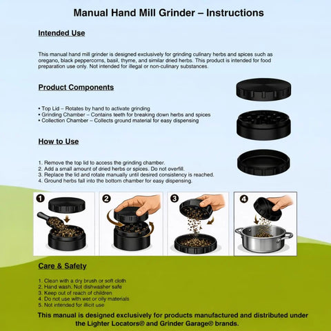 Manual hand mill grinder instruction sheet showing a 3-piece zinc grinder and component diagrams
