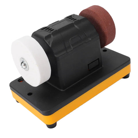 Rugged Cordless Mini Bench Grinder With Three Inch Variable Speed Wheel Battery Powered Portable Sharpener for metalwork, featuring dual grinding wheels.