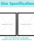 Black 16x20 picture frame with mat for 11x14 photo, showing size specification for opening and mat.