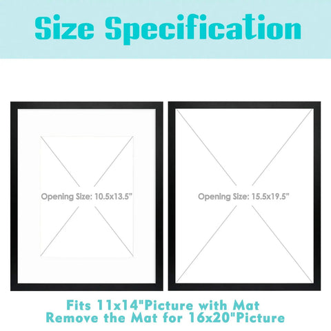 Black 16x20 picture frame with mat for 11x14 photo, showing size specification for opening and mat.