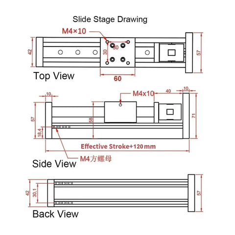 Technical drawing of 57mm Heavy Duty Step Bracket For X Y Z Axis Linear Guide Rail And Slide Stage With 42mm Width Ball Screw SFU1605 1610 1000mm Stroke SFU1610 Heavy Duty Industrial Grade Precision Linear Motion System For CNC Milling 3D Printer, showing top, side, and back views.