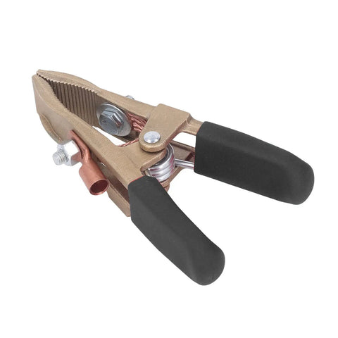 Heavy Duty Brass Welding Ground Clamp Rated For 500 Amps With Large 60mm Jaw Opening For Secure Earth Clip Hookups On Cars And Heavy Power Train Manufacturing Jobs You Can Count On Today, showing brass body and rubber grips.