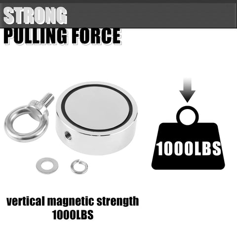 Double Sided Neodymium Magnet Fishing Kit With 1000Lbs Combined Strength And 2.95 Inch Eyebolt, strong pulling force
