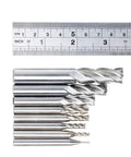 Front view of 8-piece HSS 4-flute straight end mill set, sizes 1/16 to 1/2 in