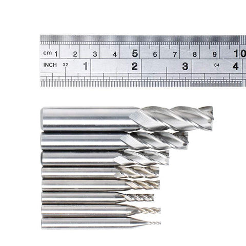 Front view of 8-piece HSS 4-flute straight end mill set, sizes 1/16 to 1/2 in