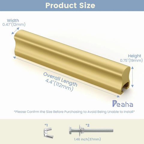 Diagram showing 10 Pack Adjustable Cabinet Drawer Pulls 102mm 4 Inch Brushed Brass Drawer Handles dimensions and fasteners.