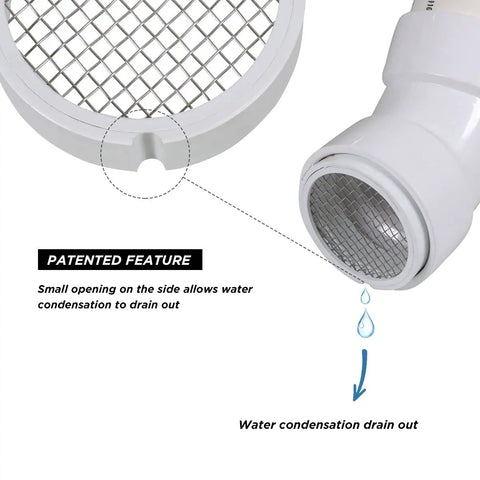 R1508 Termination Cap Vent Cover Mesh Screen for Round Furnace PVC Pipe, showing patented drain feature, stainless steel mesh