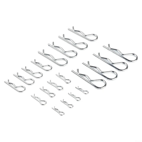 100 Piece Galvanized Carbon Steel R Cotter Pin Kit arranged in rows by size on white background.