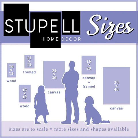 Stupell Home Decor size chart displaying various canvas and frame dimensions in purple theme.