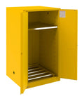 Straight Up Heavy Duty Yellow Flammable Storage Cabinet With Secure Three Point Latch And Dual Air Vents For Hazardous Chemicals fully opened showing interior and shelves.