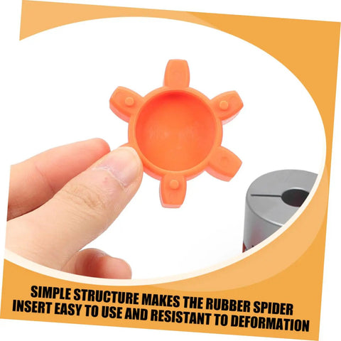 Person holding an orange flexible rubber jaw coupling insert pad for CNC machines, shock absorbing center cushion, L shaped claw compatible