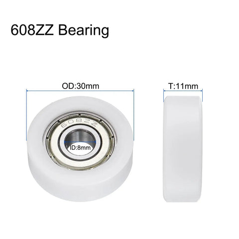 4 Pack Silent Roller Bearings 608ZZ Double Shielded Smooth Operator Pulley Wheels 8X30X11mm Nylon Idler Sleeves For Furniture And Home Repairs Glides Like A Breeze In White, showing dimensions.