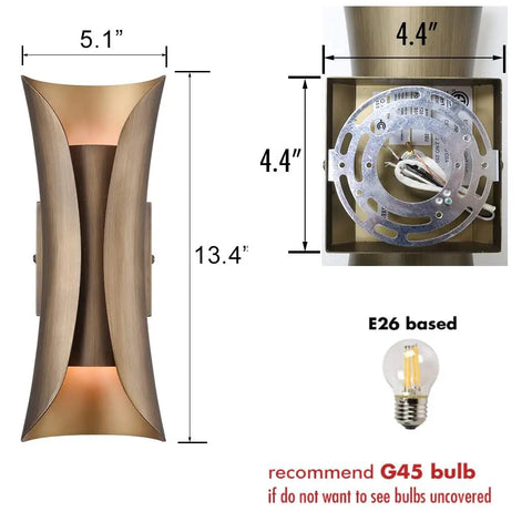 Diagram of Mid Century 2 Light Brushed Brass Wall Sconce For Bathroom And Bedroom With Updated Canopy dimensions and bulb type
