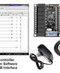 Programmable Controller Kit With 24V USB Interface And Ladder Logic Software For Auto PLC, Plug And Play 8 Relays 8A Outputs, 12 DC Inputs, Windows 10 Software, GX DEV FX Programming, DIN Rail Power Supply, Bonus Free PLC Training shown with software, controller board, and cable