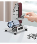 Mini Electric Belt Sander Machine With Stainless Steel Construction versatile desktop polisher and grinder for metal wood craft workspaces in use.