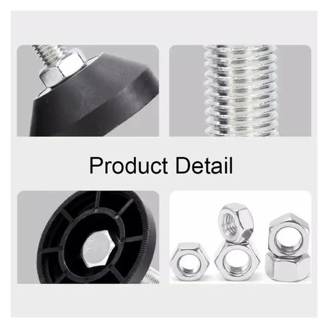 Four Pack Adjustable Leveling Feet Swivel Base Furniture Pads showing rubber pad, threaded base, and metal nuts for stable assembly.