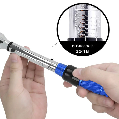 Close-up of hand holding Bike Torque Wrench Set One Quarter Inch Drive 2 To 24 Nm Micro Adjustable for precise adjustment