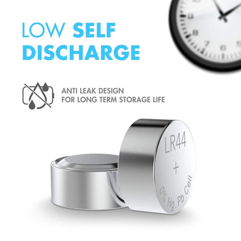 10 Pack Of Lr44 Button Cell Batteries 1.5 Volt Ag13 Equivalents For Watches Laser Pointers And Small Electronics That Bring Dope Runtime To Your Everyday Carry Gadgets Today, showing LR44 battery with low self-discharge and anti-leak design.