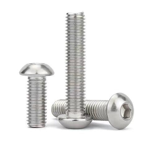 M5 X 5mm Button Head Socket Cap Screws 304 Stainless Steel showing three screws with various lengths and a hex drive.