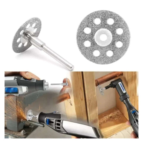 50 Piece Diamond Cutting Wheel Set For Drill Metal Cut Off Discs Compatible With Rotary Tools Notching Die Grinder Bits For Precise Metal Cutting And Deburring Projects, shown cutting metal with rotary tool.