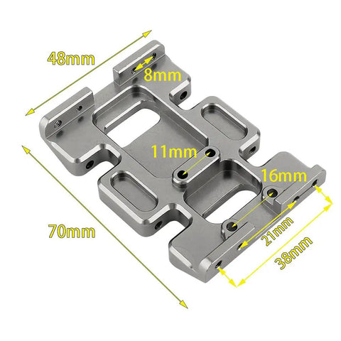Beefy Aluminum Center Frame Brace and Transmission Skid Plate Mount for Axial SCX10 CNC Machined with measurements shown