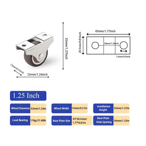 Butter Smooth Furniture Casters 4 Pack 1.25 Inch Low Profile Rubber Mini Swivel Wheels dimensions and specifications image