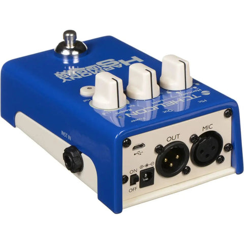 Blue vocal harmony pedal with knobs and input/output ports, ideal for live performances and studio sessions. Easy controls visible.