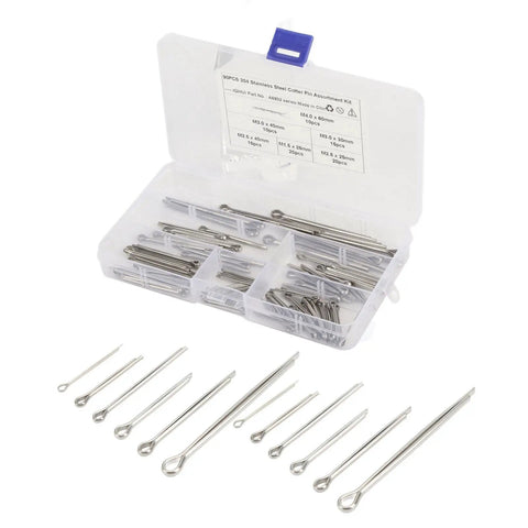 Stainless Steel Cotter Pin Set For Auto Repair And Workshop, 90 Pieces, 304 Grade Fasteners In 6 Sizes, open box and pins displayed