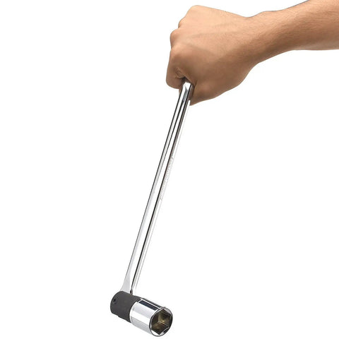 Hand holding Three Eighths Inch Drive Premium Breaker Bar With Fifteen Inch Length Non Ratching Nut Breaker Tool CrMo Head