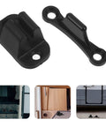 Tough Black Nylon RV Door Catch Retainer Hook Replacement For Your Motorhome Or Camper That Slams Shut With A Loud Thud And Keeps The Entry Secure While You Hit The Road. Black nylon latches and angle view.