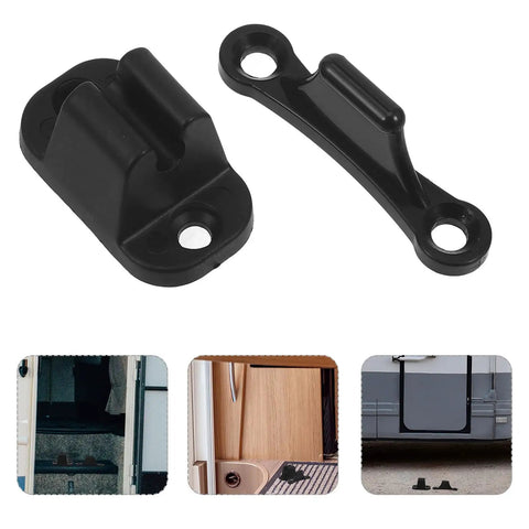 Tough Black Nylon RV Door Catch Retainer Hook Replacement For Your Motorhome Or Camper That Slams Shut With A Loud Thud And Keeps The Entry Secure While You Hit The Road. Black nylon latches and angle view.
