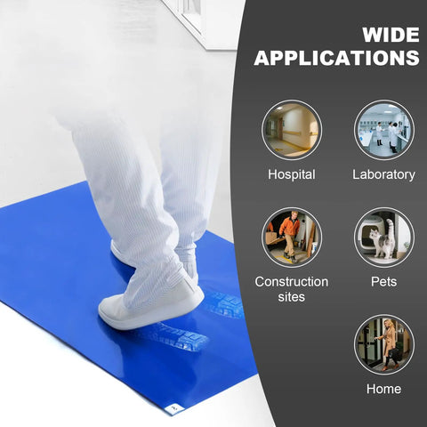 Heavy Duty 17 By 13 Inch Sticky Entrance Mat 5 Pack Featuring 150 Peel Off Sheets shown in a hospital environment.