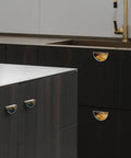 Two Pack Gold And Teal Fluid Art Cabinet Pulls With 3-Inch Hole Center Brushed Nickel Semicircle Drawer Handles on dark kitchen cabinets